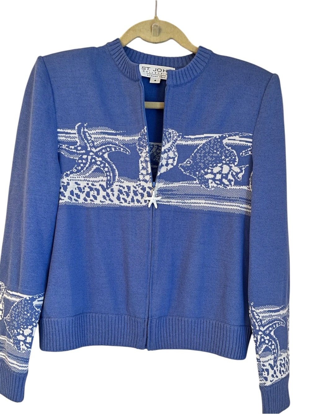 St John Blue Starfish Shell Knit ZipUp Cardigan size 4